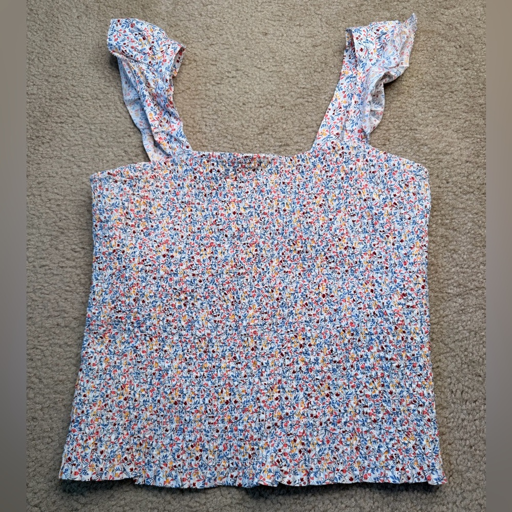 Old Navy White Multi Floral Smocked Ruffle Strap Tank